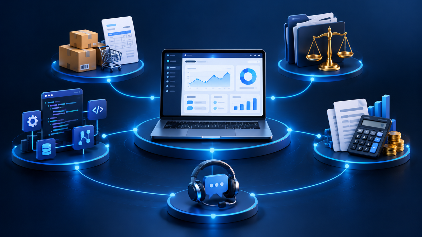 Ilustração integrada de gestão comercial, processos jurídicos, contabilidade, desenvolvimento de software e suporte